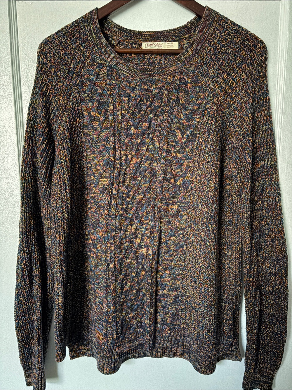 Faded Glory Multicolor Cable Crewneck Sweater — Navy, Brown & Mustard Tones